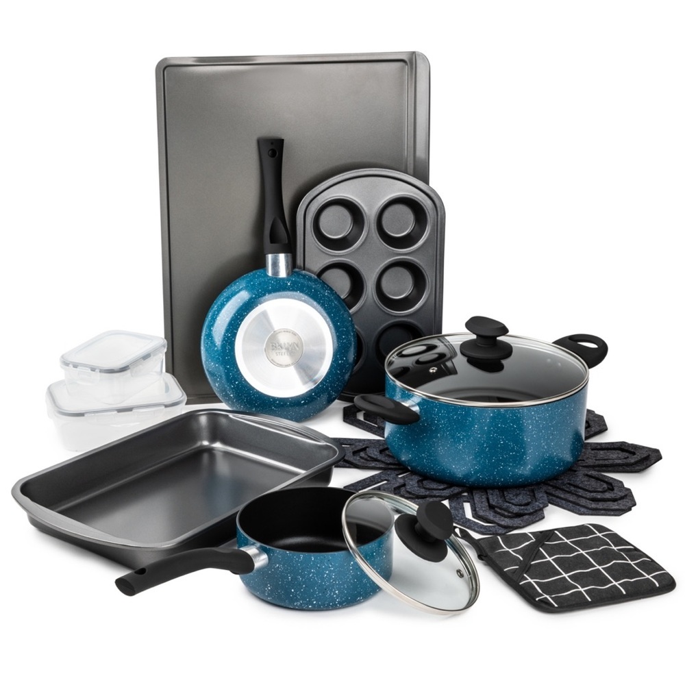 New Brooklvn Steel Co. Venus Nonstick Aluminum 16-Pc.Cookware Set blue cooking